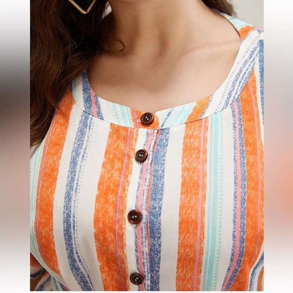 BloomChic Plus Size Striped Contrast Dolman Sleeve Button Up Pocket Belt Romper - Picture 4 of 8